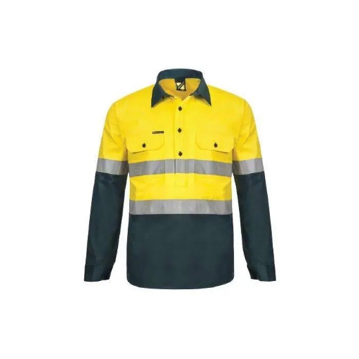 Picture of WorkCraft, Lightweight Hi Vis Two Tone Half Placket Vented Cotton Drill Shirt Semi Gusset Sleeves CSR Reflective Tape